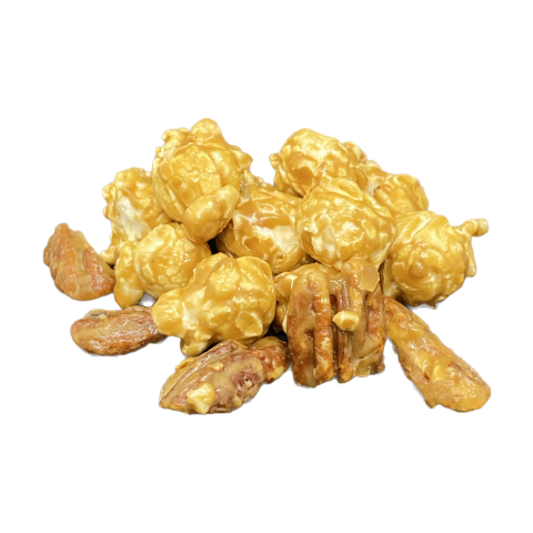 Pecans and popcorn well-coated with caramel